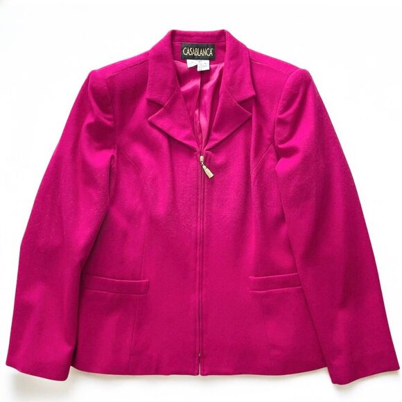 VTG 90s Casablanca Hot Pink Blazer Jacket Sz 10 Barbie Wool Zip Preppy Academia - Picture 1 of 13